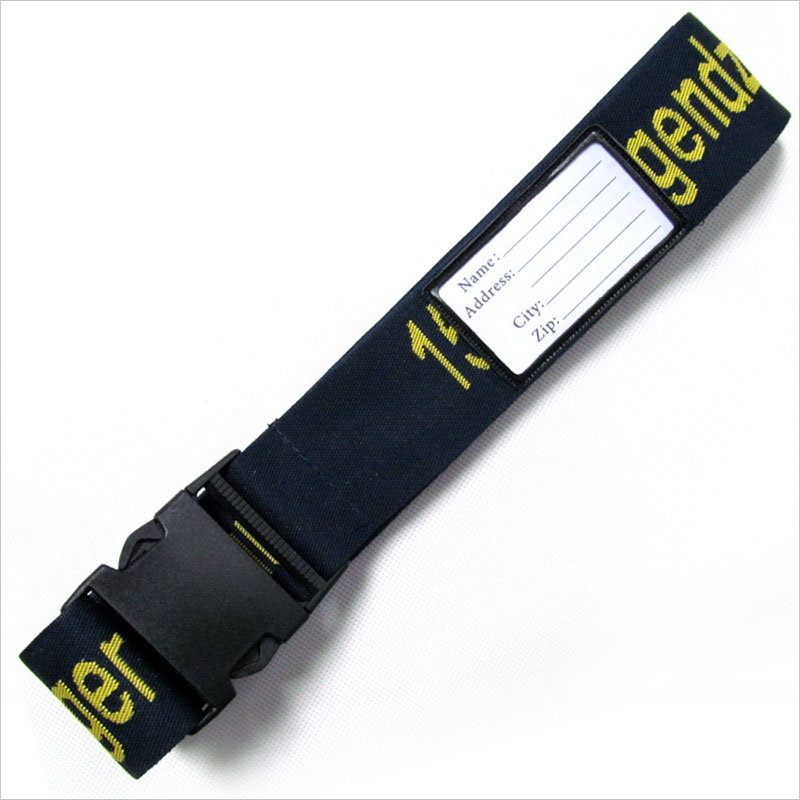 Black personalised suitcase straps with name tag