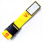Printed yellow luggage strap with name tag